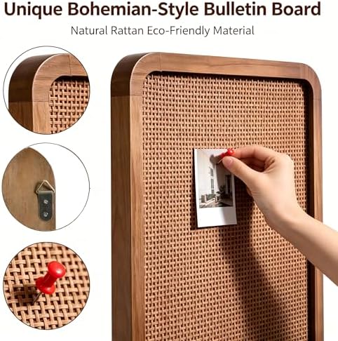 Boho Bulletin Board for Wall, 13" x 17" Aesthetic Rattan Cork Board with Wooden Frame, Decorative Pin Board for Photos, Notes & Vision Boards,Wall Organizer for Bedroom, Dorm & Office - Image 4