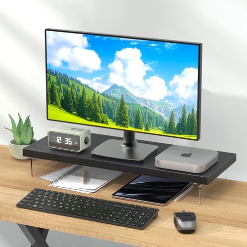 Monitor Stand Riser, 25x10 in Wood & Acrylic Computer Desk Organizer Shelf - Image 2