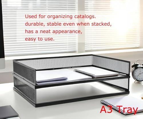 A3 Metal Letter Tray, 2pcs/4pcs/6pcs, Stackable Paper Tray, Metal Mesh Desktop Organizer, File Document Storage Rack for Home, Office, School, Black/White, Horizontal/Vertical (4, Horizontal,Black) - Image 5