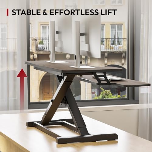 SANODESK 42" Standing Desk Converter, Large Sit-Stand Riser for Dual Monitors & Laptop, Stable Multi-Device Workstation with Keyboard Tray, Home Office Desktop Converter, Walnut - Image 5