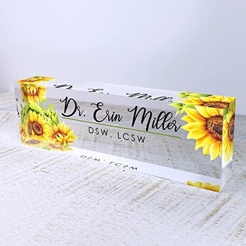 Artblox Office Desk Name Plate Personalized | Custom Name Plates for Desks | Sunflowers Design On Clear Acrylic Glass | Office Desk Decor - (8" x 2.5") - Image 5