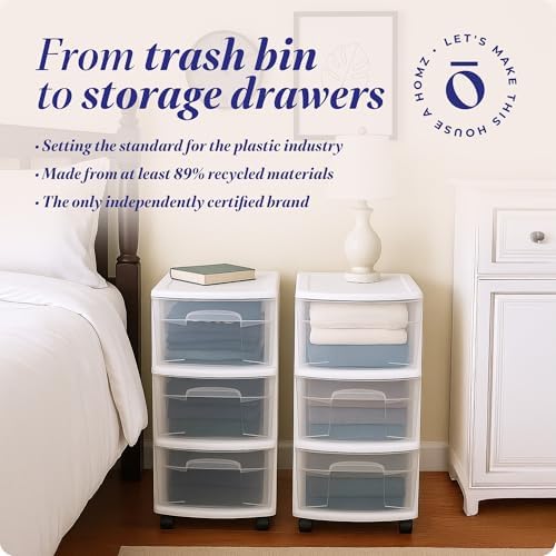 HOMZ Drawer Tower, 3-Tier Storage Cart with Removable Wheels, White Frame - Image 6