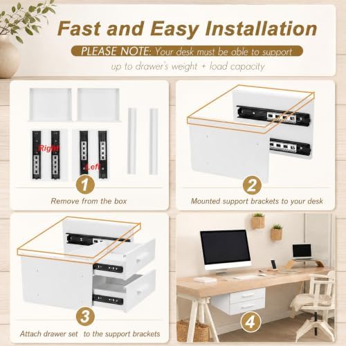 Menkxi 16'' Under Desk Drawer Slide-out Steel Under Counter Drawers Storage Organizer Large Hidden Pull-out Tray for Table Desks Home Office Workstation(White,2 Layer) - Image 6