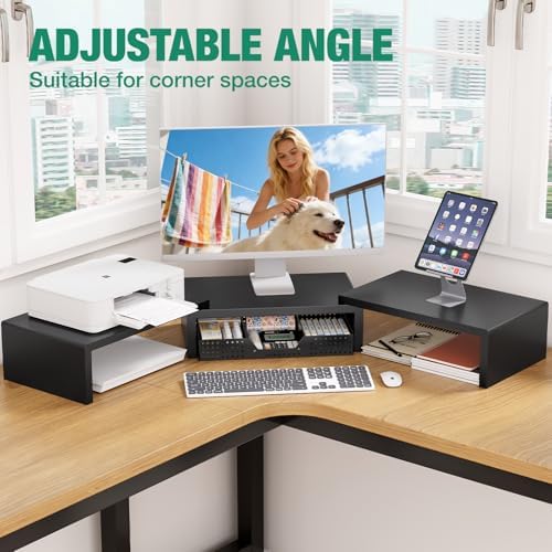 OPNICE Dual Computer Monitor Stand Riser, Desk Organizer with Drawer, Office Desk Accessories & Workspace Organizers for Home Office Supplies, Black - Image 4
