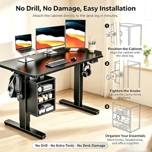 Clamp‑on Desk Leg Shelf, Height‑Adjustable Under Desk Storage Organizer, No Drill Attachable Under Desk Shelf for Standing Desk Accessories, Open 3‑Tier Storage for Home Office Workstation, Black - Image 7