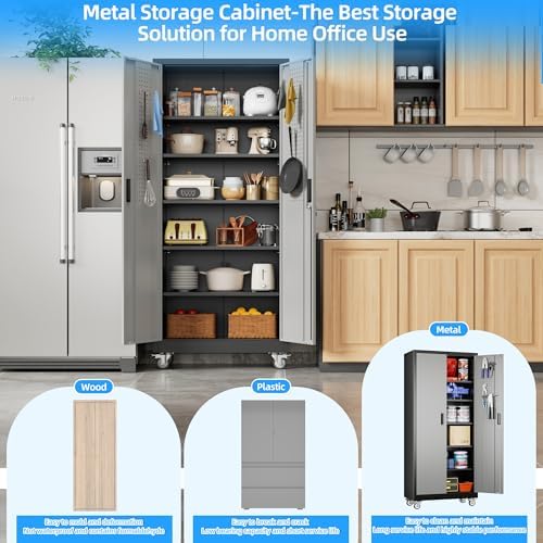SUXXAN 71" H Metal Garage Storage Cabinet with Wheels,Pegboard,5 Shelves,BG - Image 5