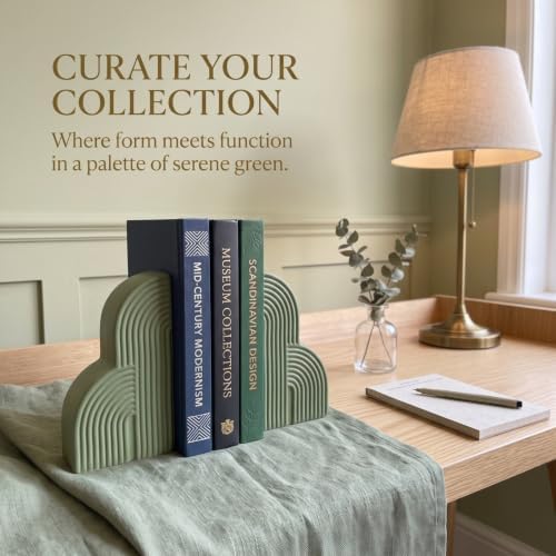 Sage Green 2 Pcs Boho Arch Concrete Bookends for Shelves, Clouds - Image 3