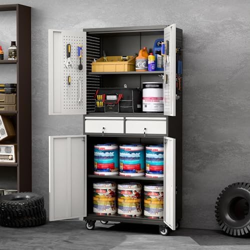 Aobabo Garage Storage Cabinet with 2 Drawers, Metal Storage Cabinet with Wheels for Garage Home,Assembly Required,Black&Silver - Image 2