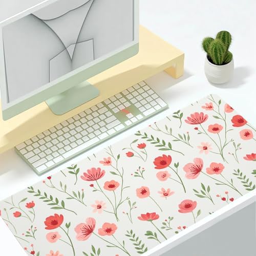 Watercolor Poppy Office Desk Mat 31.5" x 15.7" Desktop Mat PU Leather Large Mouse Pad White Mousepad Non-Slip Table Mat for Girls, Women, Home, Work, Computer, and Gaming - Image 2