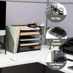 Mind Reader Mesh Desk Organizer, 4 Trays, 1 Drawer, File Holder, 2 Pen Cups, Office Desktop Organizer, Metal Mesh, Black - Image 4
