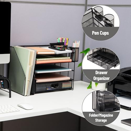Mind Reader Mesh Desk Organizer, 4 Trays, 1 Drawer, File Holder, 2 Pen Cups, Office Desktop Organizer, Metal Mesh, Black - Image 4