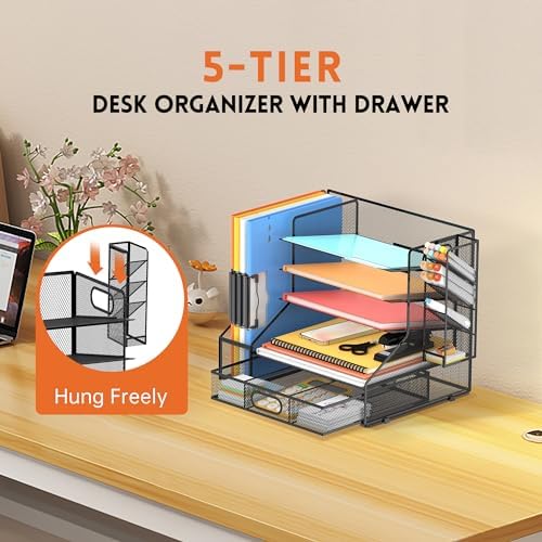 5-Tier Desk Organizer with File Holder & Pen Holder & Sliding Drawer, Black - Image 4