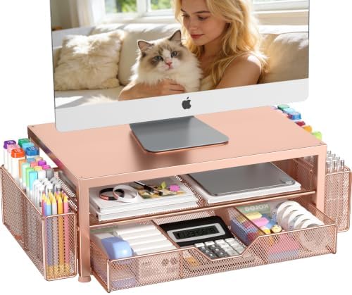 OPNICE Desk Organizers and Accessories, Computer Monitor Stand Riser with Drawer and 2 Pen Holders, Printer & Laptop Stand, Office Desk Accessories & Workspace Organizers for Home Office Supplies, Rose Gold by OPNICE