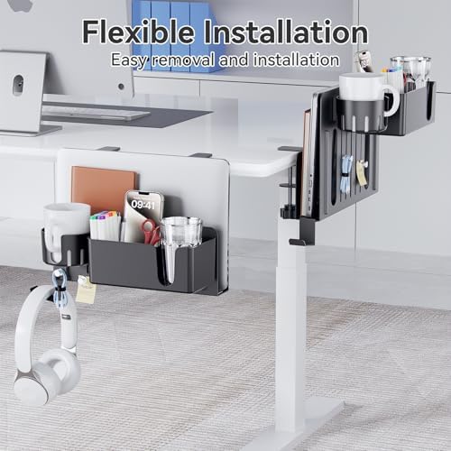 KDD 7 in 1 Desk Side Organizer Set, Under Desk Laptop Holder Storage, No Drill Laptop Stand Mount with 2 Cup Holder, Pen Holder, Headphone Hanger and 2 Pin Magnet, Detachable Hanging Stand - Image 2