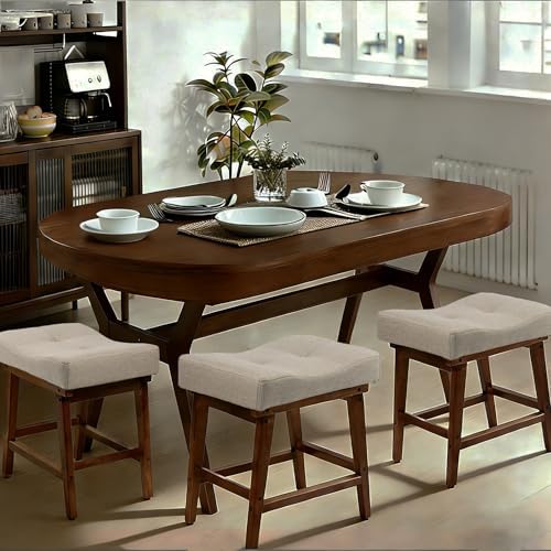 Vanity Stool, Saddle Seat Vanity Stool Chair with Wood Legs, Small Square Linen Makeup Chairs for Vanity, Modern Makeup Bench Under Desk for Living Room, Bedroom, Ottoman Foot Rest Stools, Linen Beige - Image 6