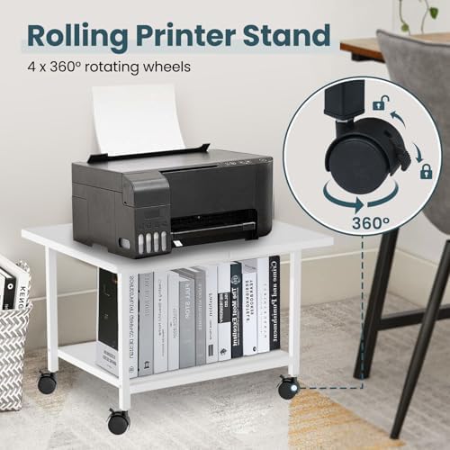 SwaaVee Printer Stand, 2-Tier Under Desk Printer Stand, Printer Cart with Wheels for Home, Office, Heavy-Duty Storage Shelf, White - Image 3