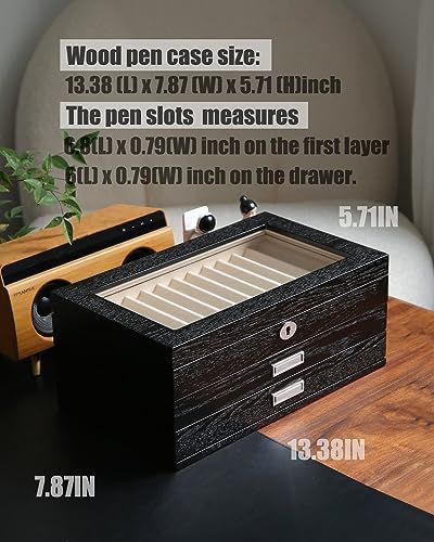 wood pen display case 36 slot Fountain pen Box storage Organizer with drawer, Top Glass Window Pen Collection Display Case - Image 4