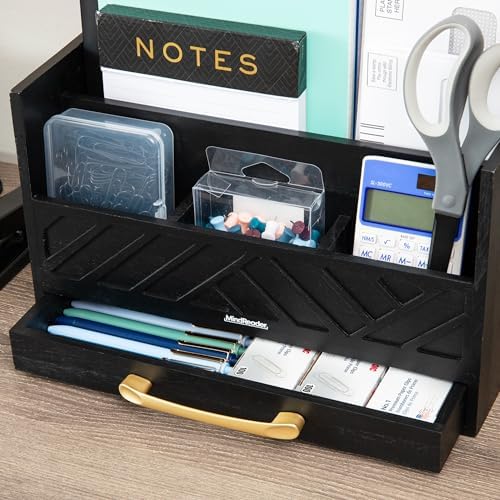 Mind Reader 5-Compartment Desktop Organizer, Rustic Wooden Storage Rack with Drawer for Papers, Accessories, and Office Supplies, 12.5" L x 4.25" W x 7.5" H, Black - Image 5