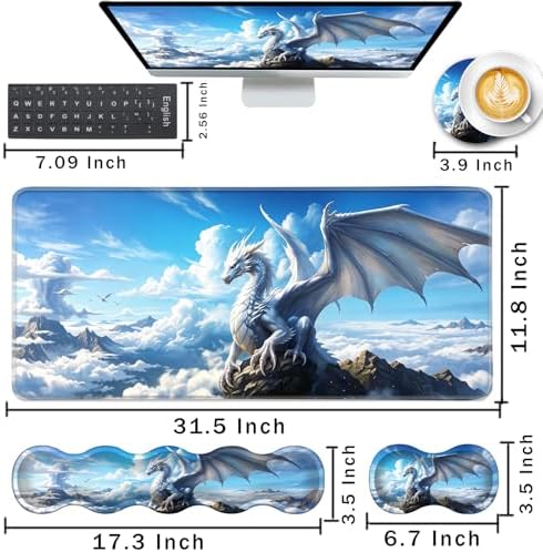 Keyboard Wrist Rest and Mouse Pad with Wrist Support Set Ergonomic Coaster,Memory Foam,Easy Typing Pain Relief,Large XL Desk Mat 31.5"x 11.8",White Dragon Cloud - Image 2