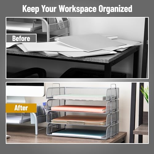Mind Reader Stackable Paper Tray, Desktop Organizer, File Storage, Office, Metal Mesh, 4 Pcs., Silver - Image 5