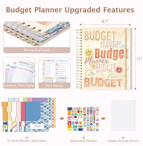 Ospelelf Budget Planner Undated, Money Expense Tracker with Pocket & Stickers, Thick Cardboard Cover, Large Pages for Spacious Writing, Original Fun Colorful Design, 12 Month Financial Notebook Beige - Image 2