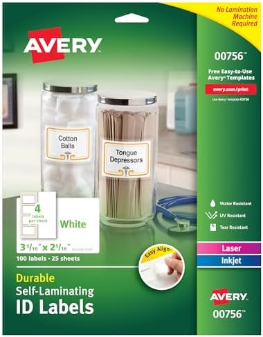 Avery® 00756 Easy Align® Self-Laminating ID Labels, Laser/Inkjet, 2 15/16 x 3 5/16, White (Pack of 100) by Avery