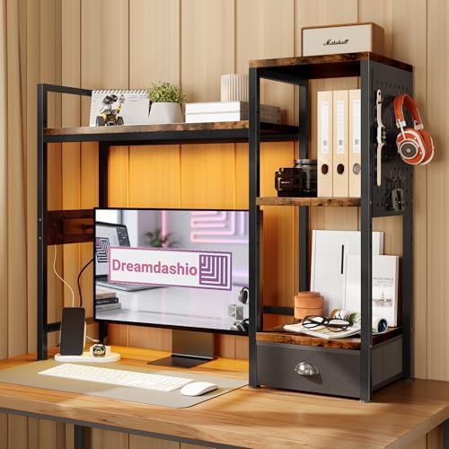 DreamDashio Desk Hutch with Outlets & LED, Desktop Bookshelf with Drawer by Dreamdashio