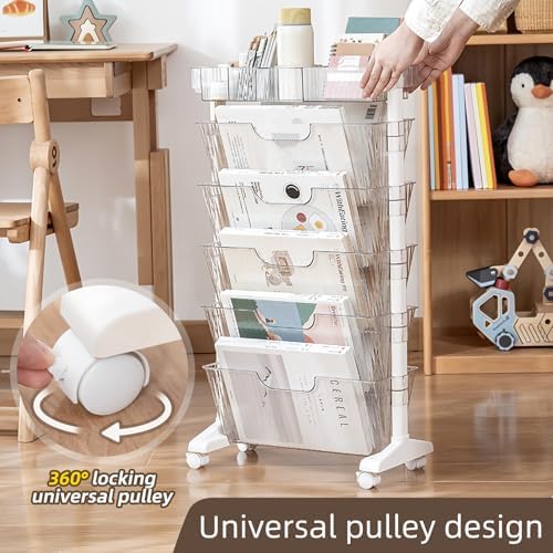5 Tier Rolling Book Cart Multi-Functional Movable Storage Bookshelves - Image 6