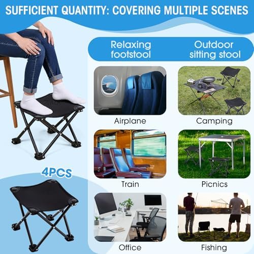 Ripeng 4 Pcs Portable Airplane Travel Foot Rest, Folding Camping Stool, Under Desk Foot Rest at Work for Long Flight, Home and Office Outdoor Hiking Fishing with Carry Bag (Black) - Image 4