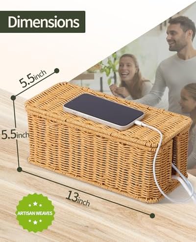 YECAYE Handwoven Rattan Style Cable Management Box, Decorative Storage Cord Organizer Box for Power Strips & Cords, Cord Hider for Home, Kids & Pet Safety, DIY-Friendly Cord Management - Image 5