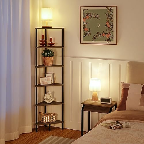 HOOBRO Corner Shelf Stand, Industrial 6-Tier Corner Bookshelf with Metal Frame, Plant Display Shelf, Bookcase for Small Spaces, Living Room, Greige and Black BG36CJ01 - Image 2