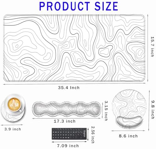 Mouse Pad,Large Pink Desk Mat, 4in1 XXL Mousepad + Keyboard Wrist Rest+Mouse Wrist Rest+Coaster Set with Ergonomic Desk Pad for Home Office Table Computer-Minimalist Topographic Map - Image 2