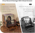 Vinyl Record Storage,Wooden Album Crate Holder,Holds up to 60 Records with Wood Drawer and Metal Dividers,Desk Accessories Storage Box for Home Kitchen Office Organization - Image 2
