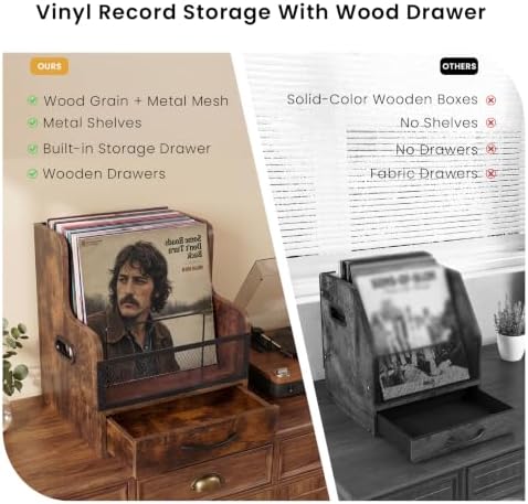 Vinyl Record Storage,Wooden Album Crate Holder,Holds up to 60 Records with Wood Drawer and Metal Dividers,Desk Accessories Storage Box for Home Kitchen Office Organization - Image 2
