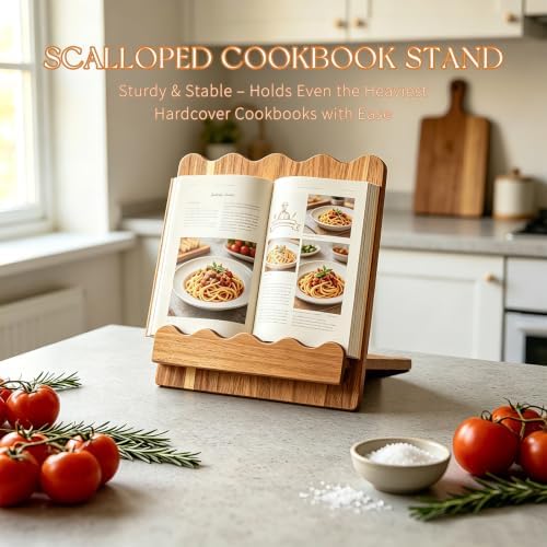 Scalloped Wooden Wood Recipe Cookbook Holder Stand for Kitchen Counter, Rustic Wood Cookbook Holder Display, Wooden Cookbook Stands Kitchen Book Holder Easel for Tablet, textbooks reading2 - Image 5