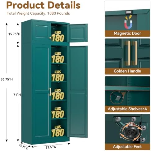 Polup 86" Tall Metal Kitchen Pantry Storage Cabinet with Doors and Shelves - Image 3