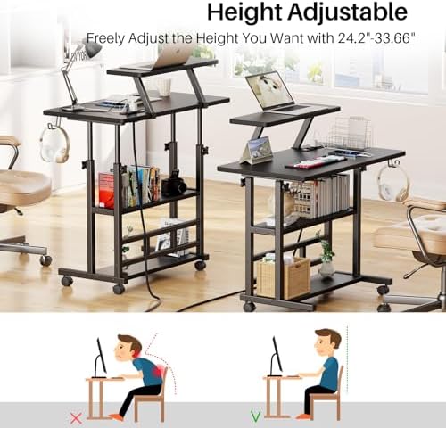 Adjustable Height Standing Desk with Power Outlets, Rolling Stand Up Desk with Monitor Stand and Storage Shelves, 31.5" Small Mobile Computer Desk, Portable Laptop Table (Black with Monitor Stand) - Image 3