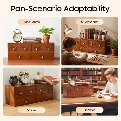 Drawer Wooden Desktop Organizer, 6 Drawers Desk Storage Box with Practical Handle, Label Slots, 19.3"L×5.5"W×6.9"H, Vintage Wood Drawer for Home Office - Image 6