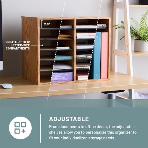 Safco 9420MO Adjustable Literature & Paper Organizer, 12 Compartment Mailbox Cubby, Great for Home, Office, Classroom Organization, Medium Oak Wood , Durable Construction, Removable Shelves - Image 2