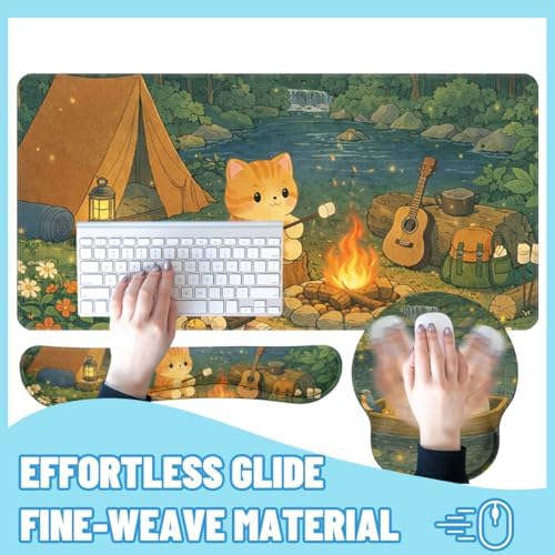 Cute Cat Desk Mat Set Cozy Camping Large Mouse Pad with Wrist Rest 4in1 Desk Mat for Desktop Ergonomic Computer Desk Arm Wrist Anti-Slip Computer Ergonomic Mouse Pad Home Office Gaming - Image 4