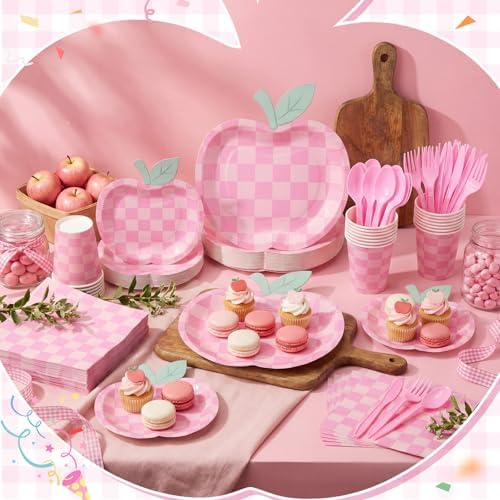 400 Pcs Apple Party Decorations Supplies Serve 50, Back to School Apple Paper Plates Napkins Cups Pink Checkerboard Disposable Tableware Set for Last/ First Day of School Party - Image 4