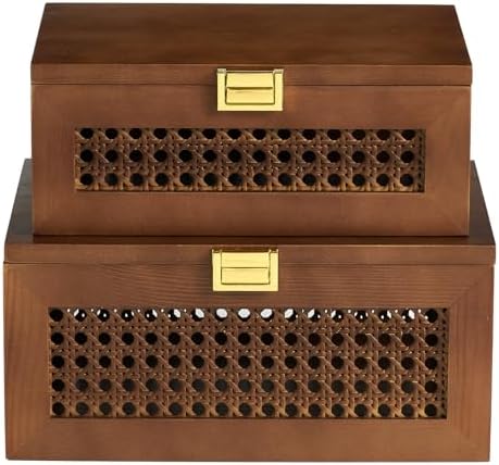 2PCS Decorative Rattan Storage Box Basket with Lid Wooden Frame - Image 2