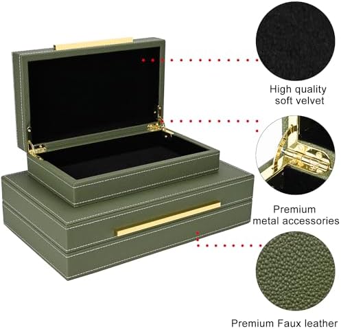 Green Shagreen box Set of 2 Faux Leather Decorative Boxes,Large Nesting Storage Decorative Boxes with Lids for Modern Home Decor Stacking Jewelry Box Organizer - Image 2