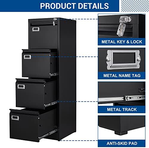 Fesbos File Cabinet - 4 Drawers Vertical 17.8" Deep Lockable Filing Cabinet Black Metal Storage Cabinets for Home Office to Hanging Files Letter/Legal/F4/A4 Size - Image 6
