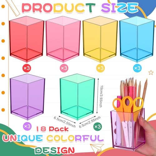 18 Pack Colorful Clear Acrylic Pen Holder Acrylic Square Pencil Organizer Rainbow Colors Pencil Holder Makeup Brush Holder Desk Pencil Cup Stationery Organizer for Desk Dorm Home Office Supply - Image 2