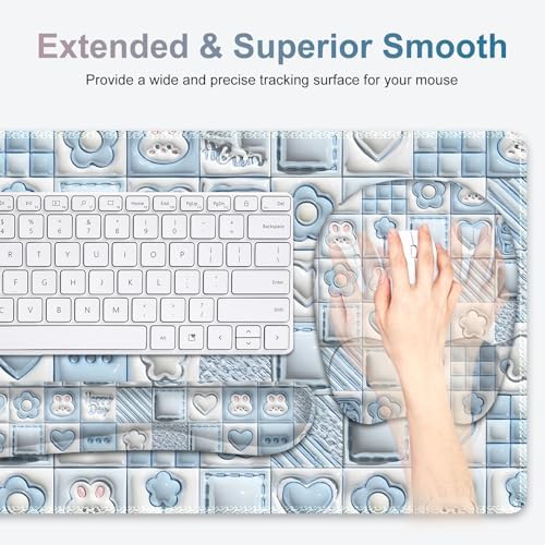 4 in 1 Large Mouse Pad, Keyboard Wrist Rest Set, Ergonomic Mouse Pad with Wrist Support, Desk Mat with Stitched Edges Extended Desk Pad Waterproof Desk Mat for Home Office Game I Cute Rabbit Baby Blue - Image 2