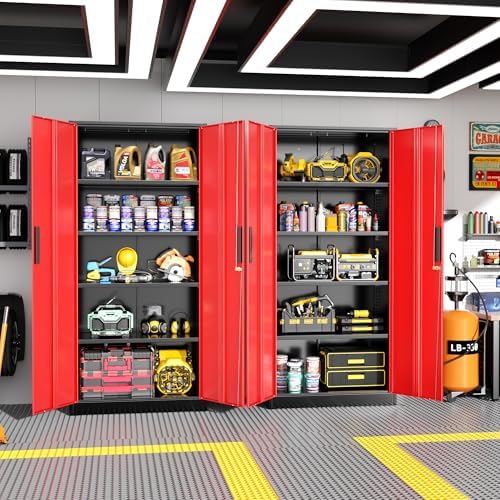 Greenvelly Metal Garage Storage Cabinet with Lock, 72" Metal Storage Cabinet with 2Doors and 4Adjustable Shelves, Steel Tool Cabinet for Home Office, School,Gym (Black&Red) - Image 2