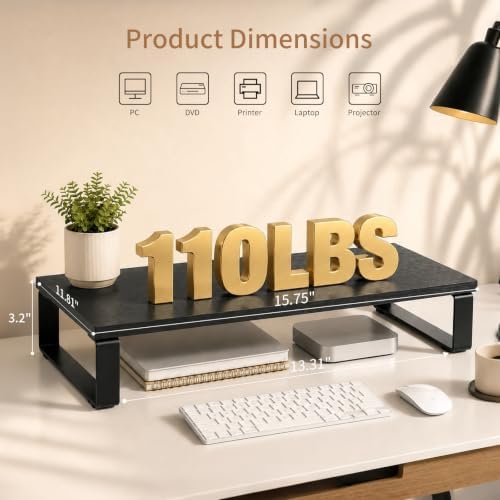 XINYAO 2 Pack Monitor Riser for Desk, Wood and Steel, 16*12*3 inch, Black - Image 2