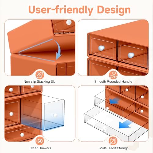 Desk Organizer with 9 Drawers, 4 Tiers Stackable Storage Drawers, Desktop Storage Box with Clear Drawers for Stationery, Makeup, Jewelry, Office and Craft Supplies (Orange) - Image 4