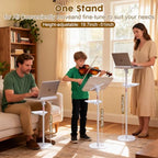 2 in 1 Dual-use Music Stand & Desktop Book Stand, Adjustable Height 16.5"-51", 100% Solid Wood Laptop Floor Stand Book Holder with Elastic Page Clips for Cookbooks (White with Tray) - Image 3